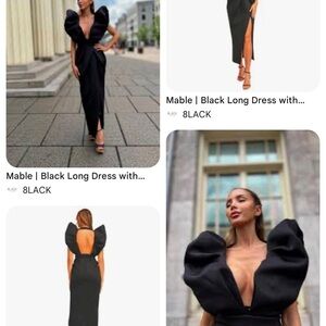 MARBLE Black Bodycon Gown with Puff Sleeves and Plunge Neckline for Cocktail